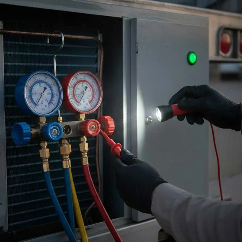Technician diagnosing transport refrigeration equipment