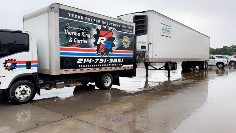 Texas Reefer Solutions mobile service truck parked next to a refrigerated trailer